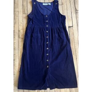 Vintage Two Twenty Corduroy Jumper Dress Blue Button Front Midi Cottagecore Med